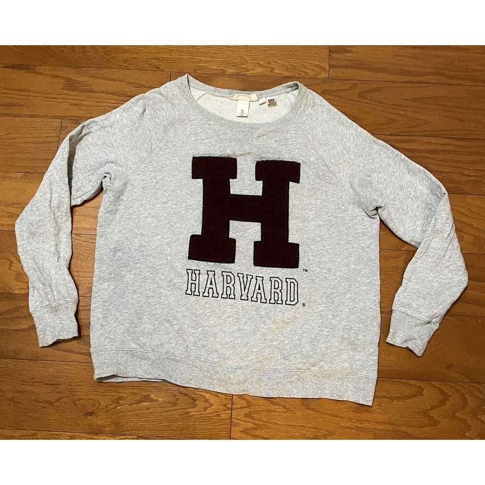 H&M Women's Gray Red Harvard Hoodie Pullover Size Large With Pilling